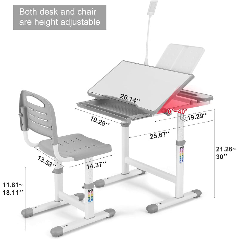 Adjustable Kids Desk Chair Set with LED & Drawer