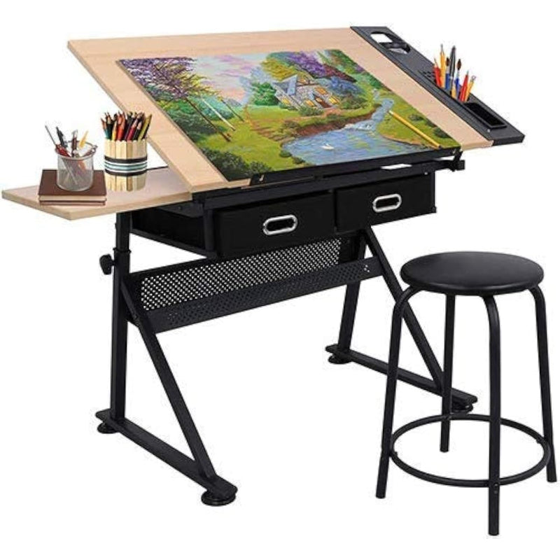 Natural Adjustable Art Drafting Table with Stool