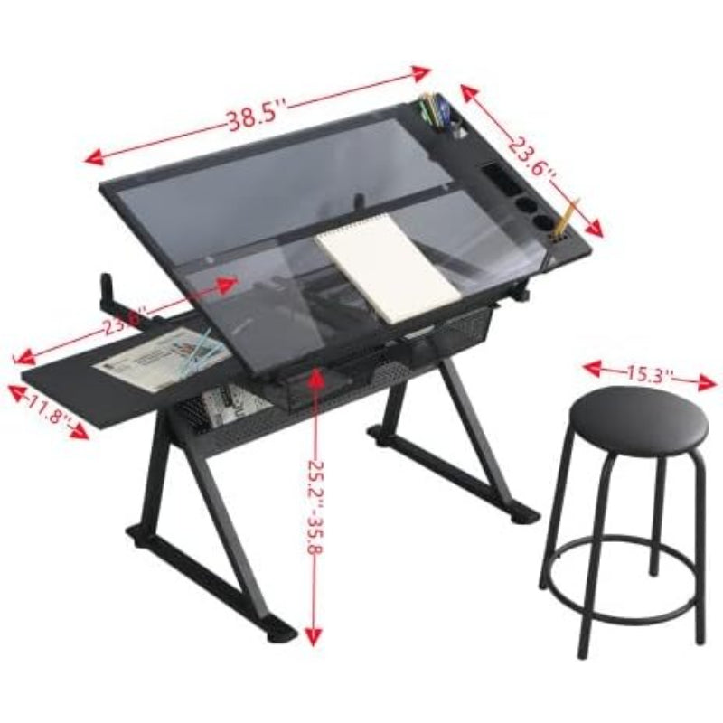 Black Glass‑Top Adjustable Art Drafting Table