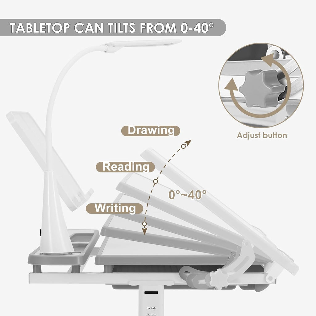 Adjustable Kids Desk Chair Set with LED & Drawer