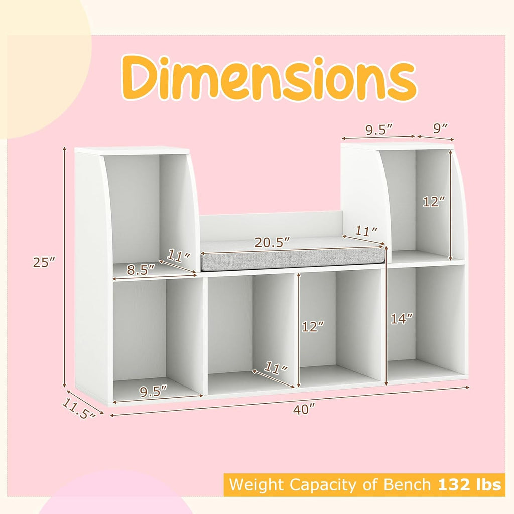 White Kids Reading Nook Storage Bookcase Bench