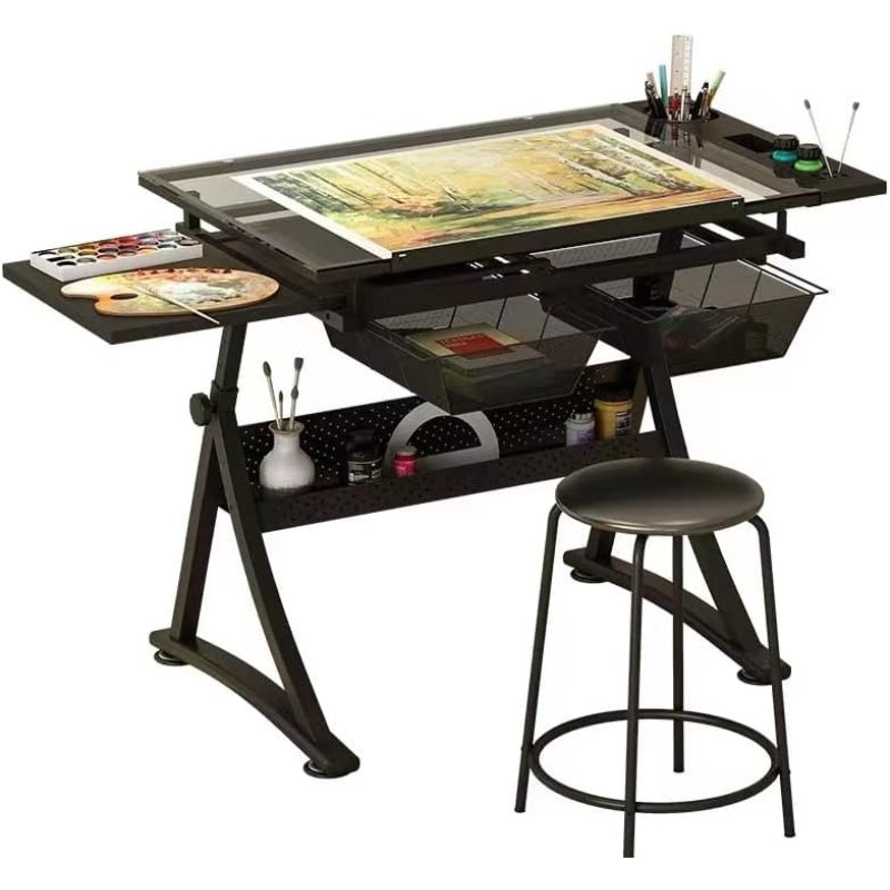 Black Glass‑Top Adjustable Art Drafting Table