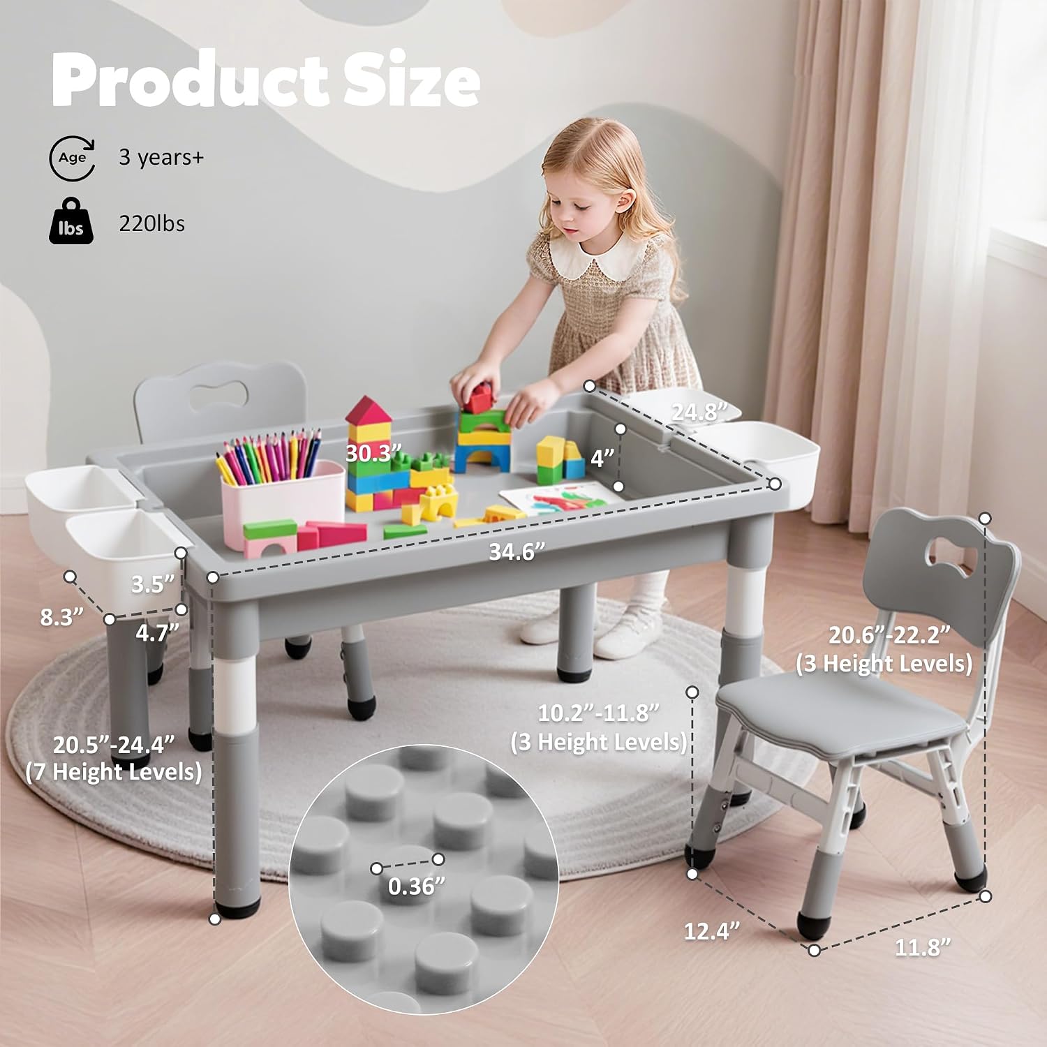 Adjustable Kids Table Chair Set with Storage