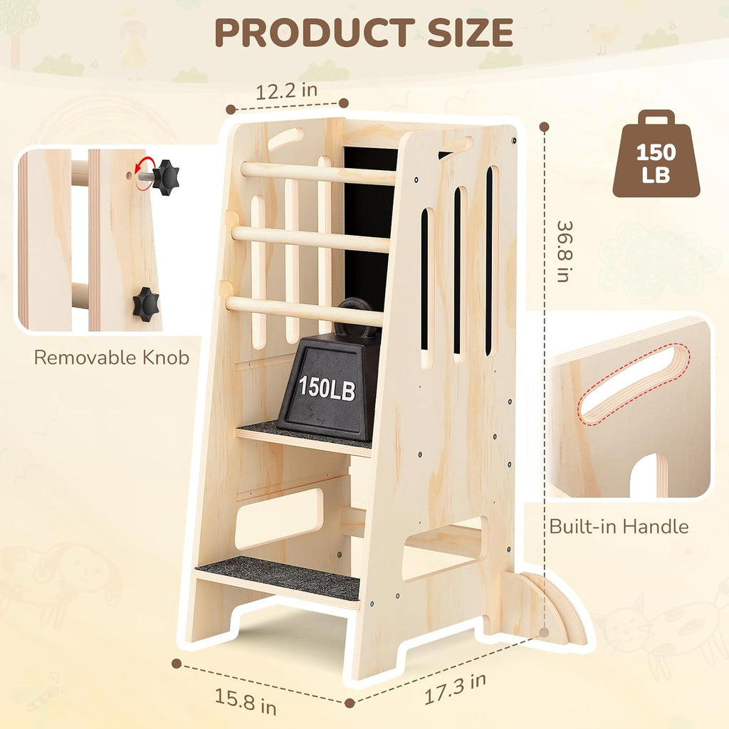 Natural Wooden Toddler Learning Tower with Blackboard