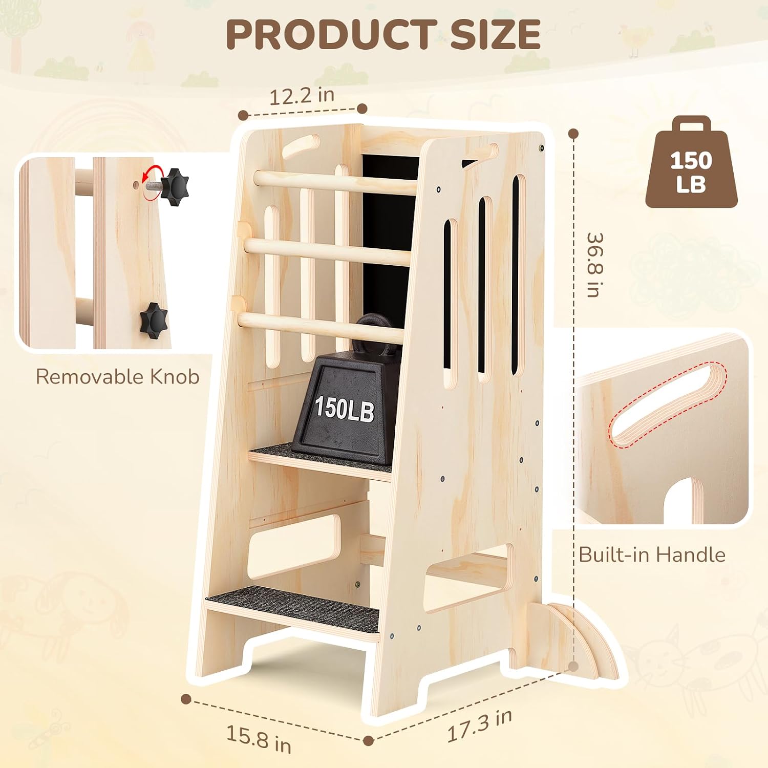 Natural Wooden Toddler Learning Tower with Blackboard
