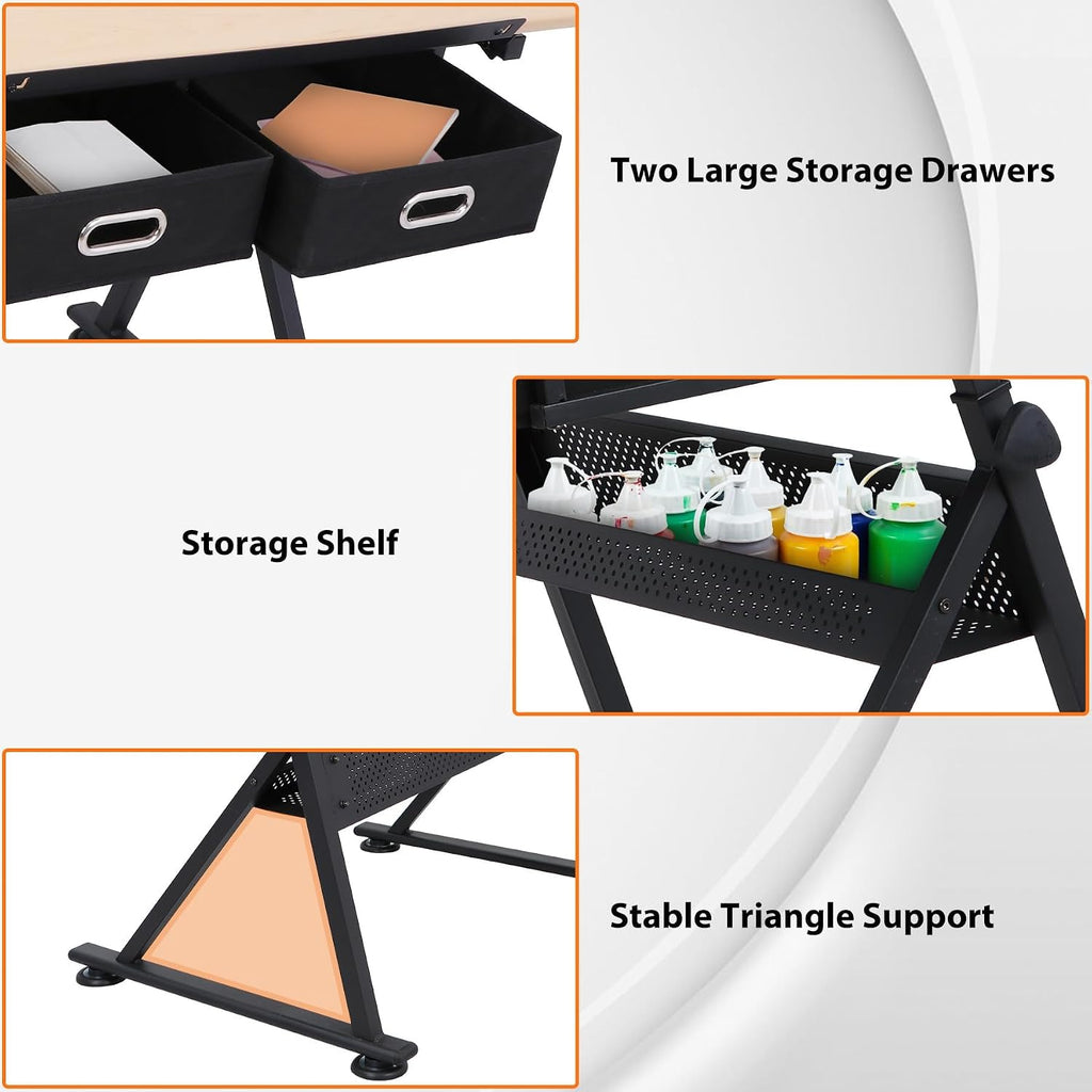 Natural Adjustable Art Drafting Table with Stool