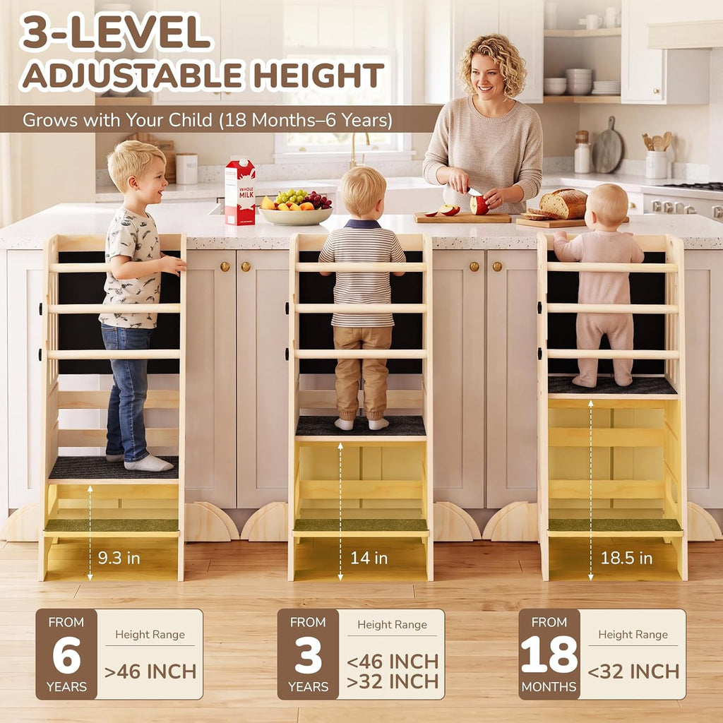 Natural Wooden Toddler Learning Tower with Blackboard