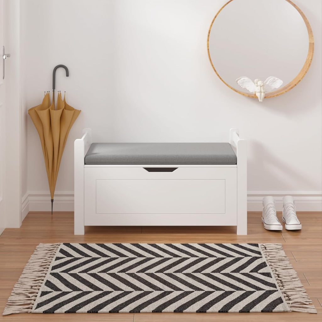 White Cushioned Toy Storage Bench