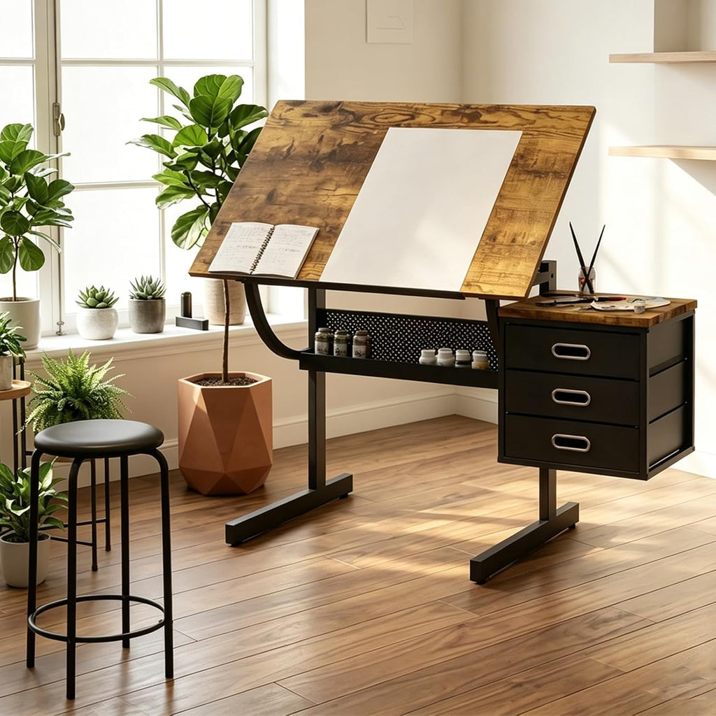 Black Adjustable Drawing Table with Stool