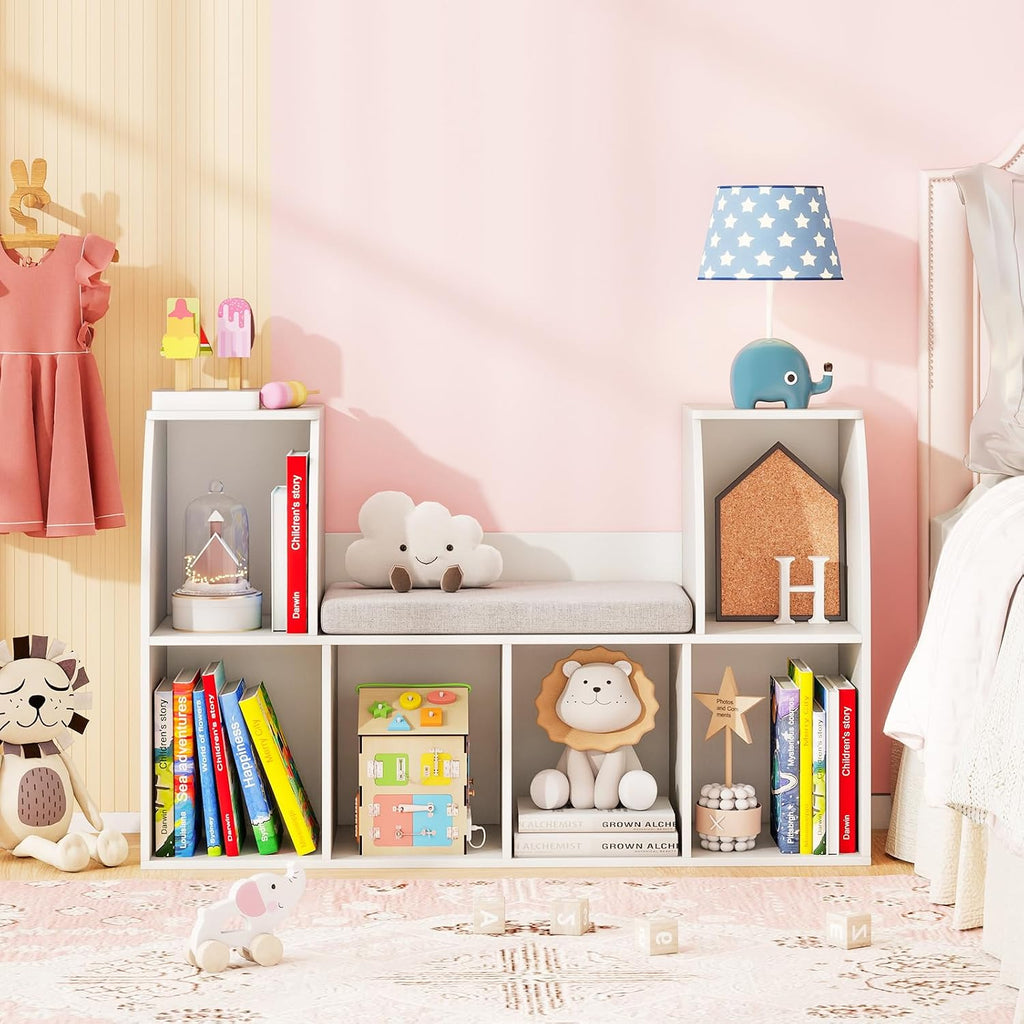 White Kids Reading Nook Storage Bookcase Bench