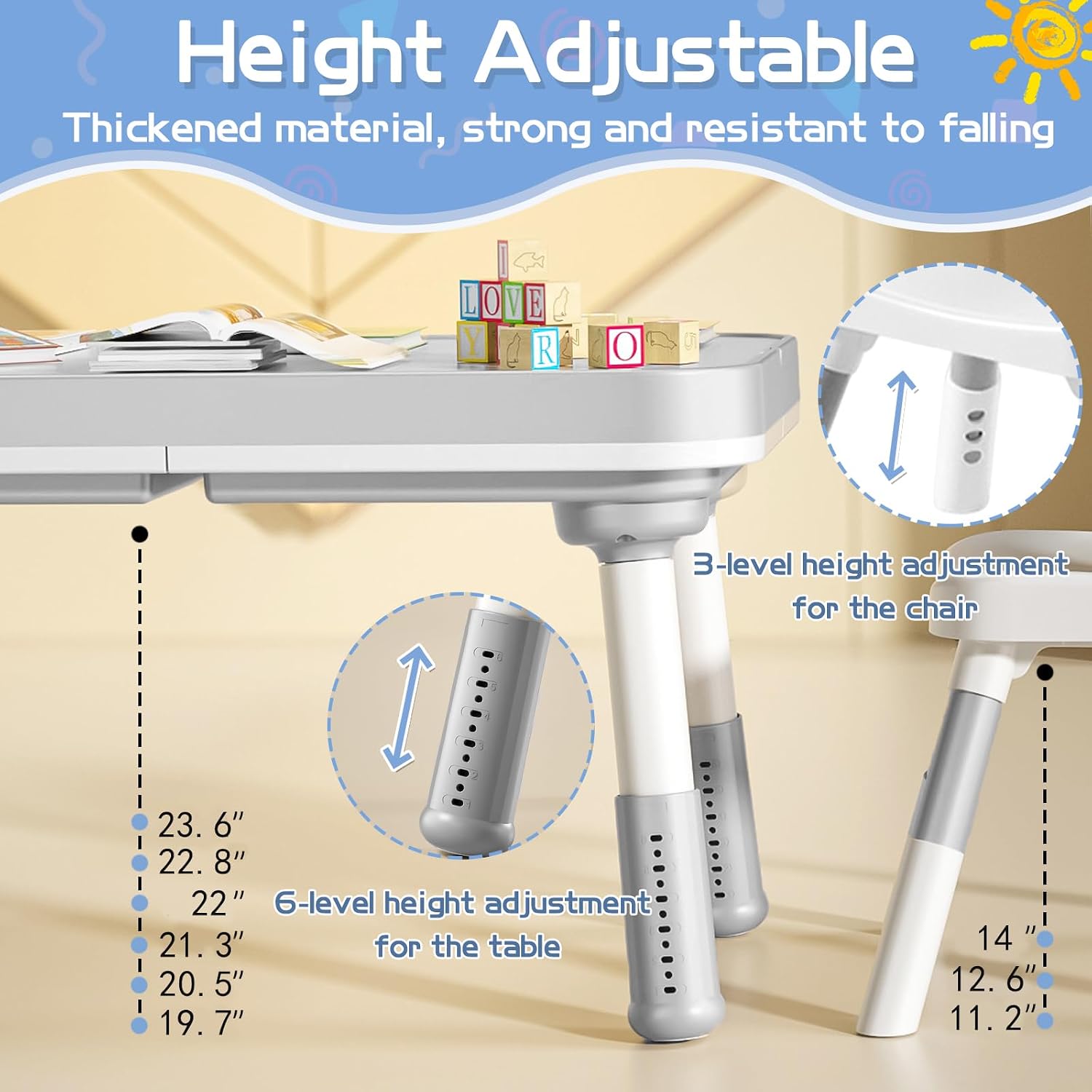 Light Gray 5‑in‑1 Adjustable Kids Table Set