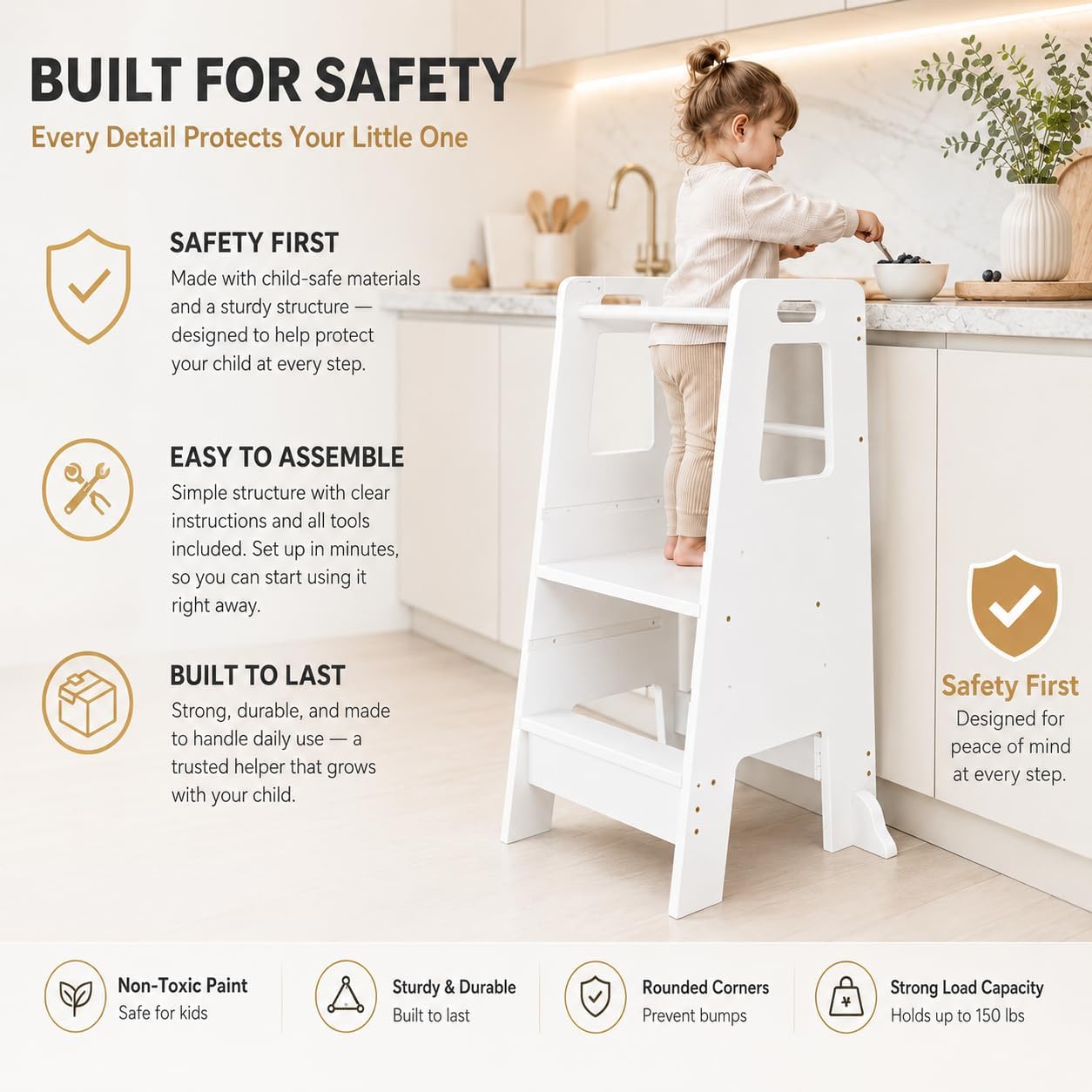 White Adjustable Wooden Toddler Kitchen Tower