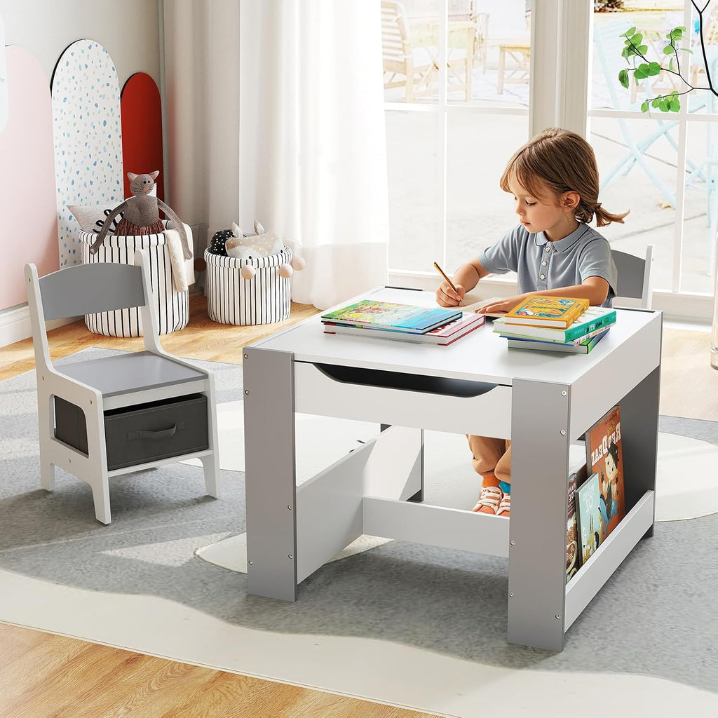Gray 4‑in‑1 Wooden Kids Table Chair Set