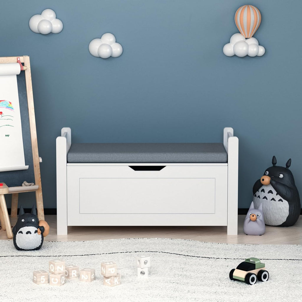 White Cushioned Toy Storage Bench