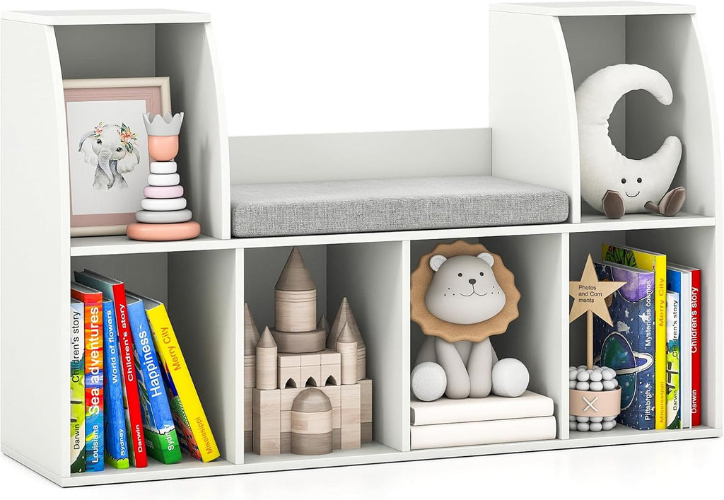 White Kids Reading Nook Storage Bookcase Bench