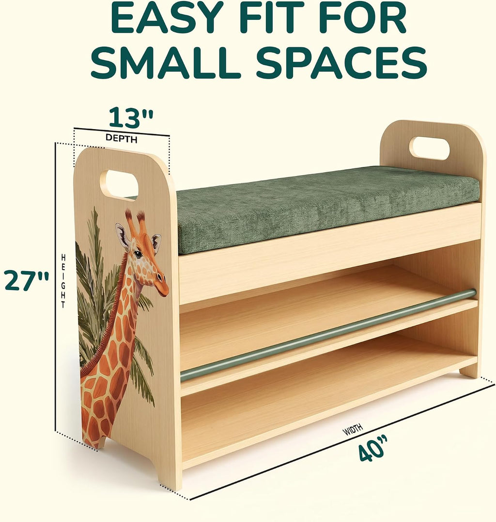 Pine Wood Kids Shoe Rack Bench Organizer