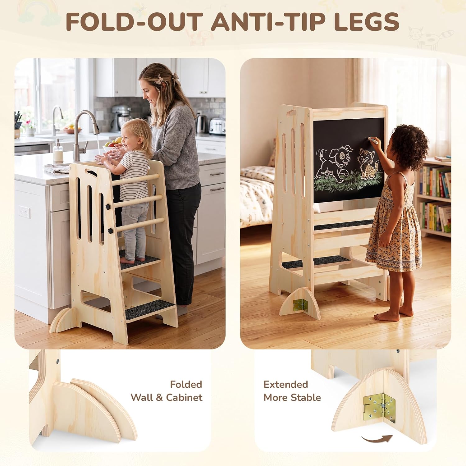 Natural Wooden Toddler Learning Tower with Blackboard
