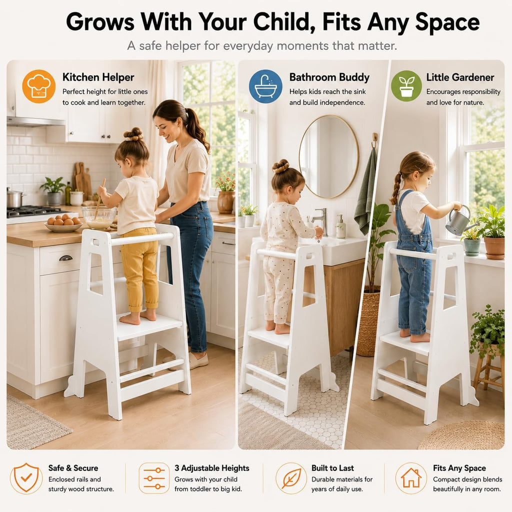 White Adjustable Wooden Toddler Kitchen Tower