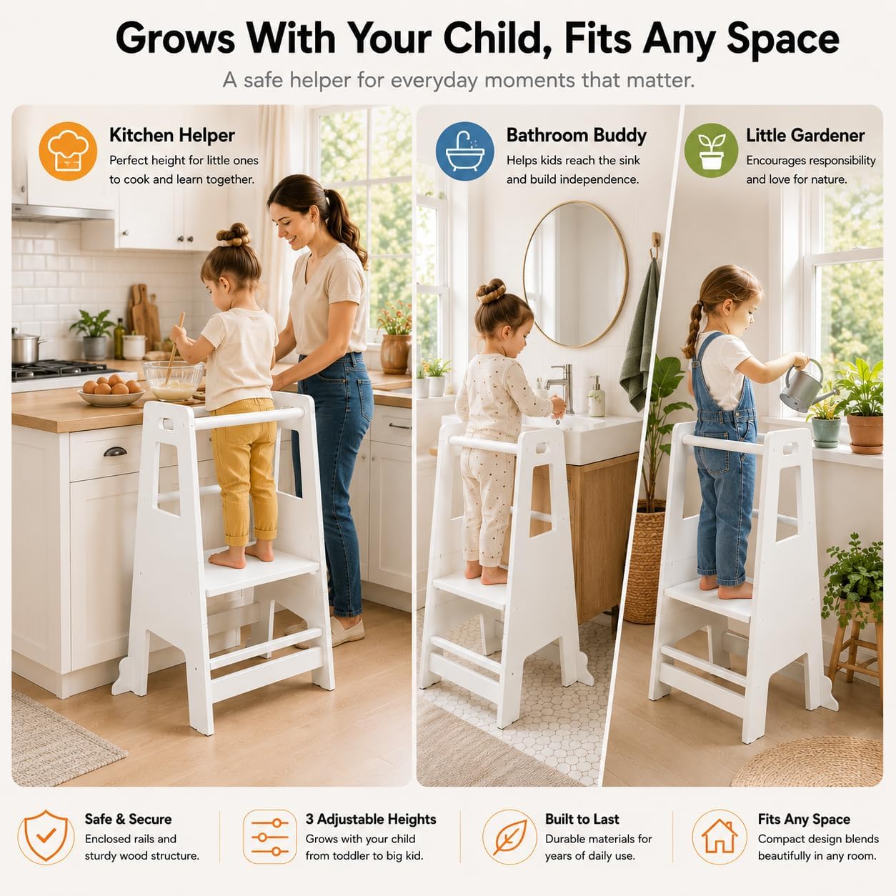 White Adjustable Wooden Toddler Kitchen Tower