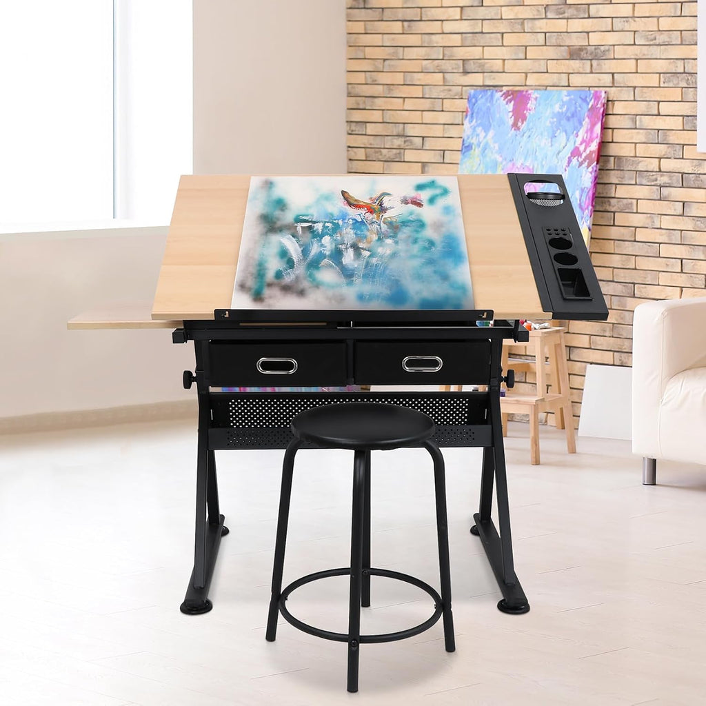 Natural Adjustable Art Drafting Table with Stool