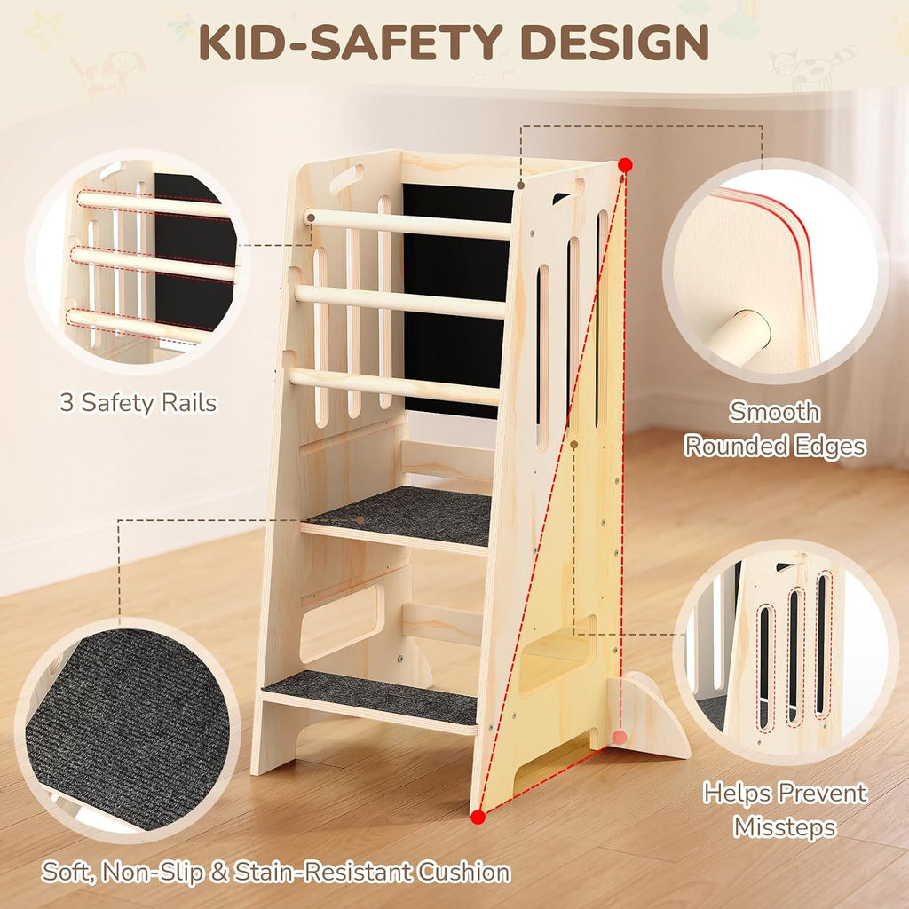 Natural Wooden Toddler Learning Tower with Blackboard