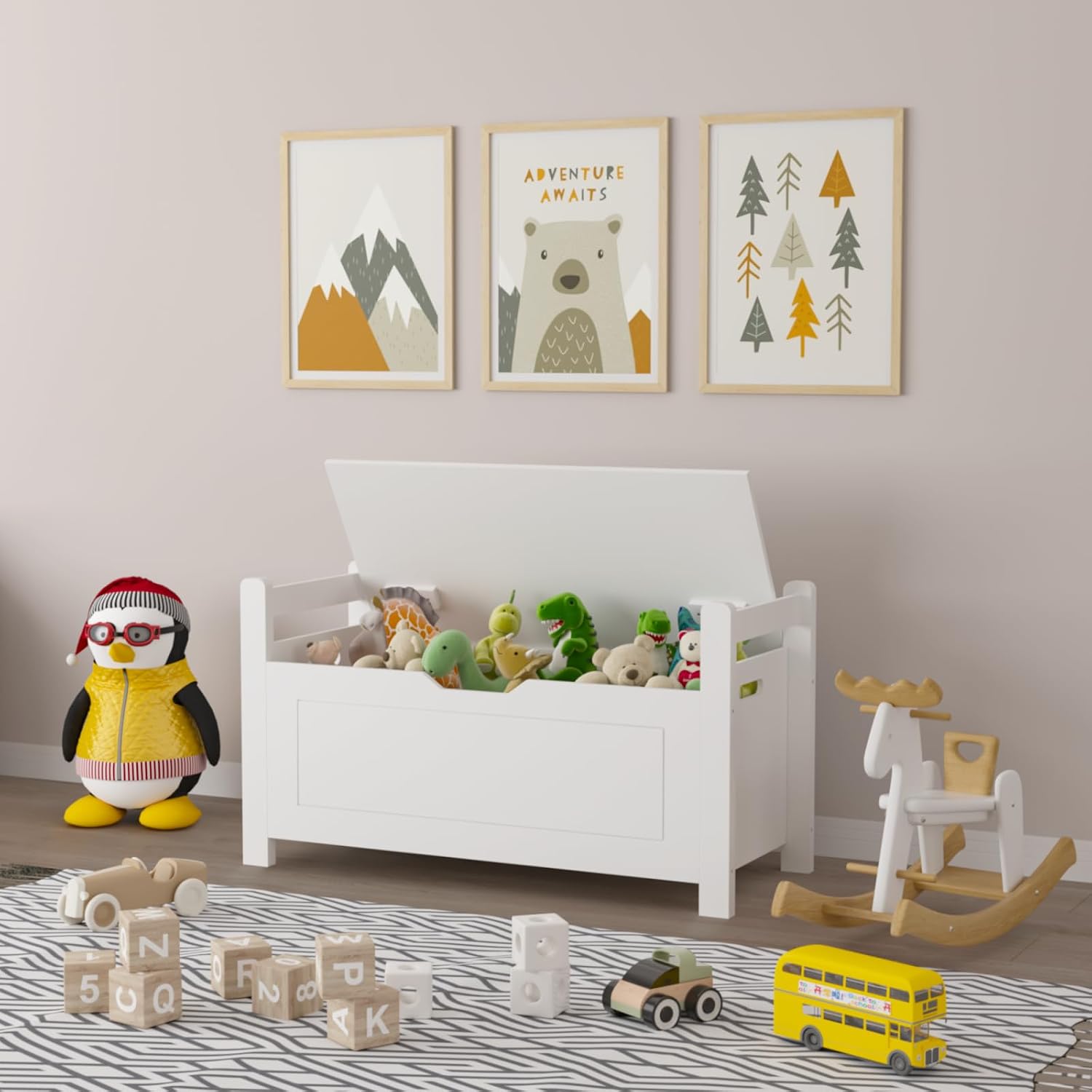 White Cushioned Toy Storage Bench