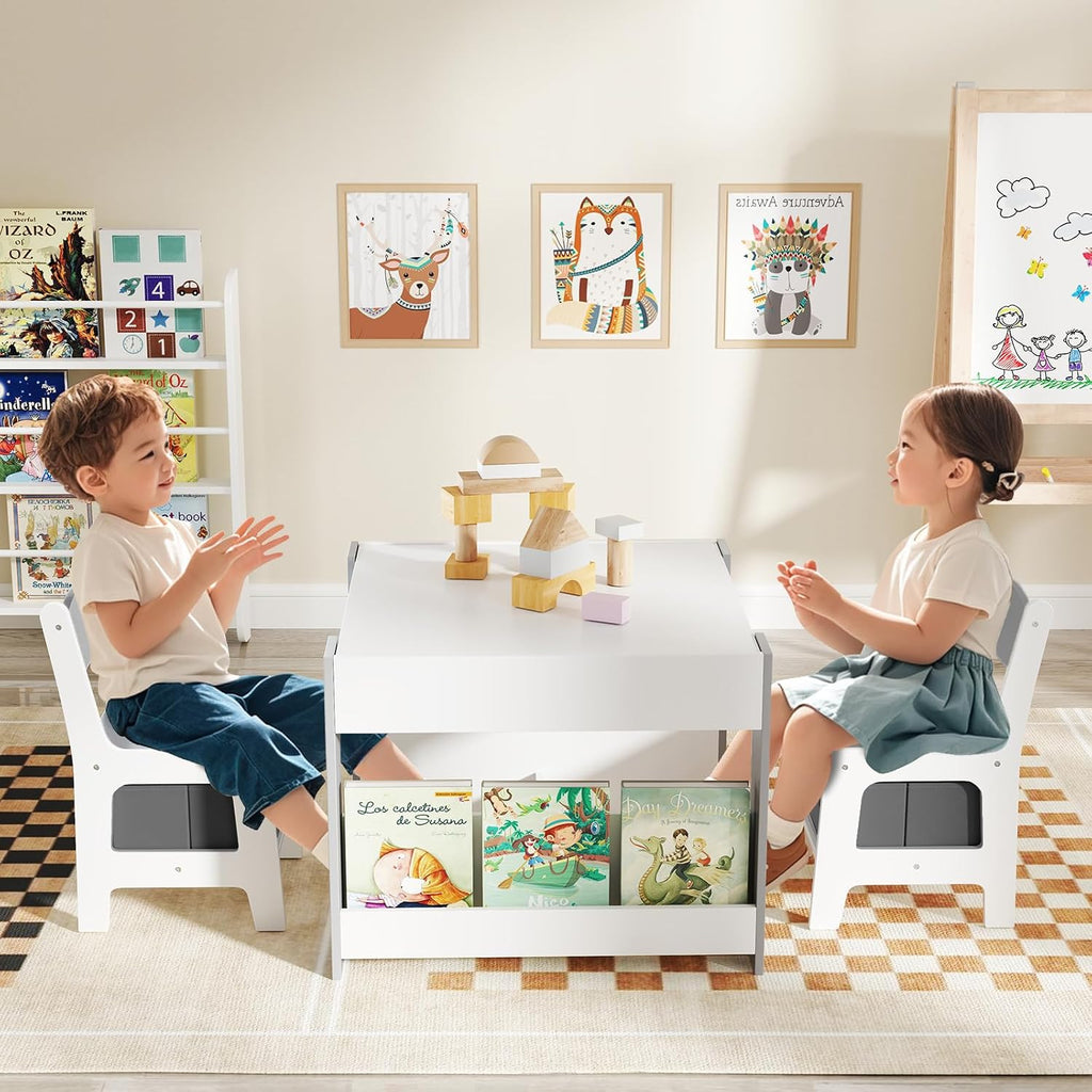 Gray 4‑in‑1 Wooden Kids Table Chair Set
