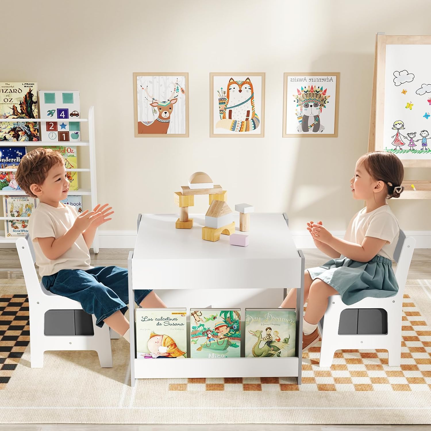 Gray 4‑in‑1 Wooden Kids Table Chair Set