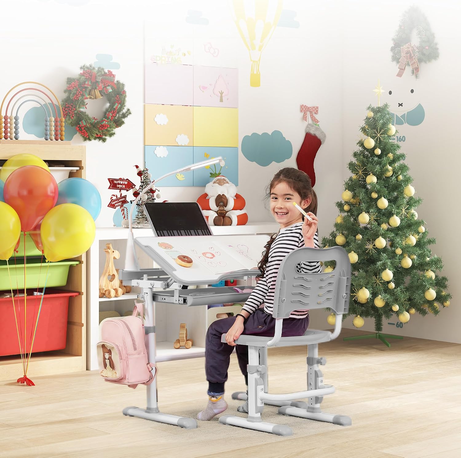 Grey Multifunctional Kids Desk Chair Set