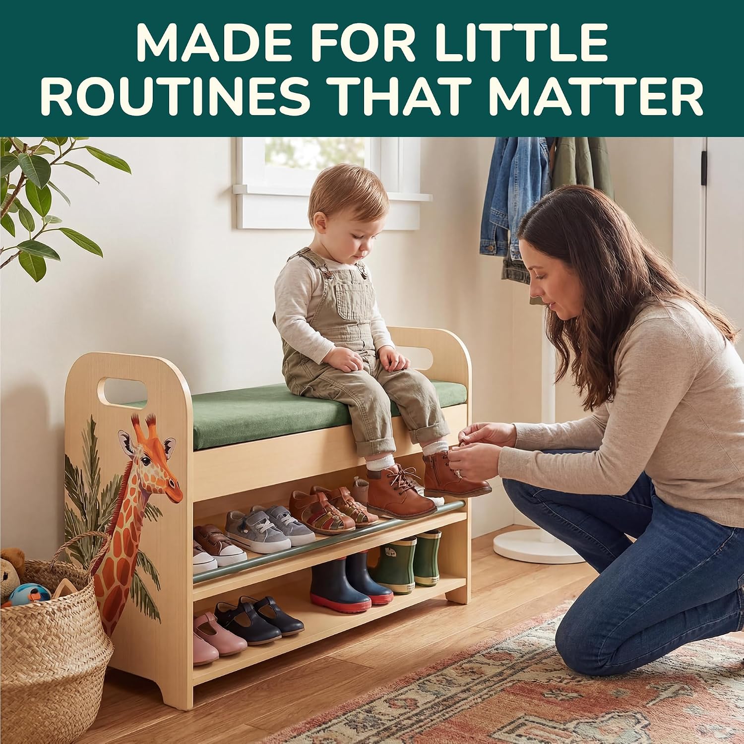 Pine Wood Kids Shoe Rack Bench Organizer