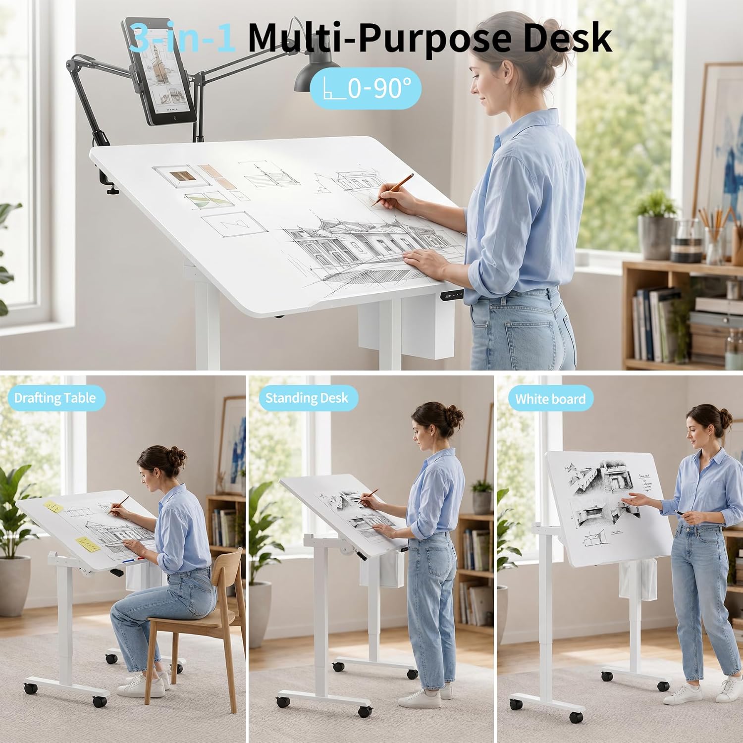 3‑in‑1 Tilt Whiteboard Drafting Desk