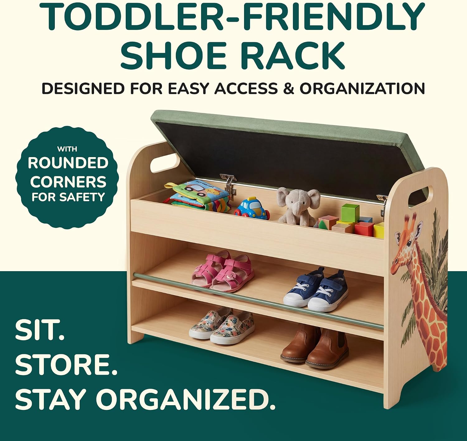 Pine Wood Kids Shoe Rack Bench Organizer