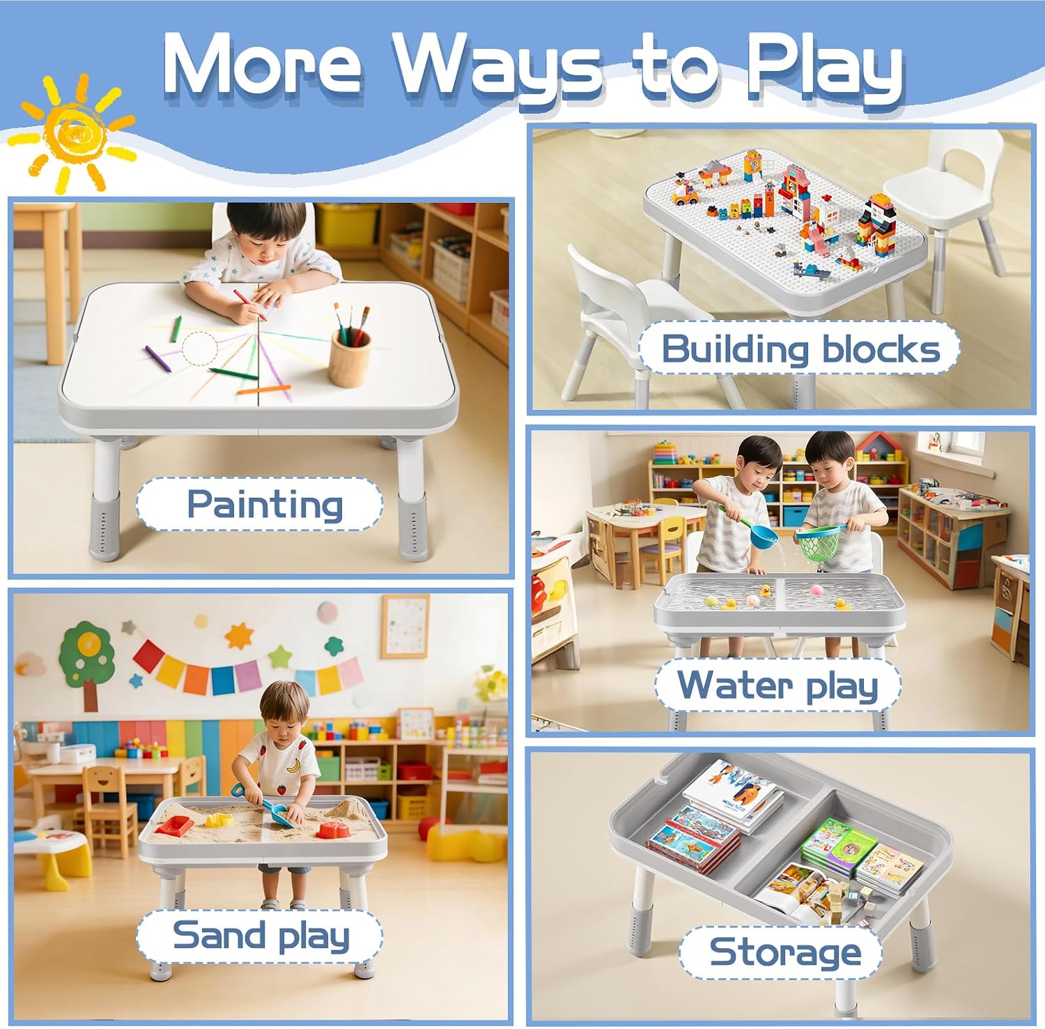 Light Gray 5‑in‑1 Adjustable Kids Table Set