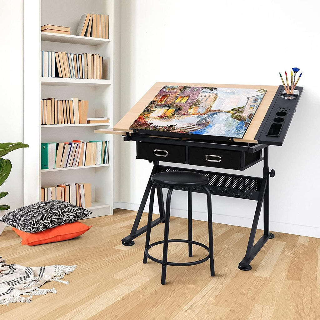 Natural Adjustable Art Drafting Table with Stool