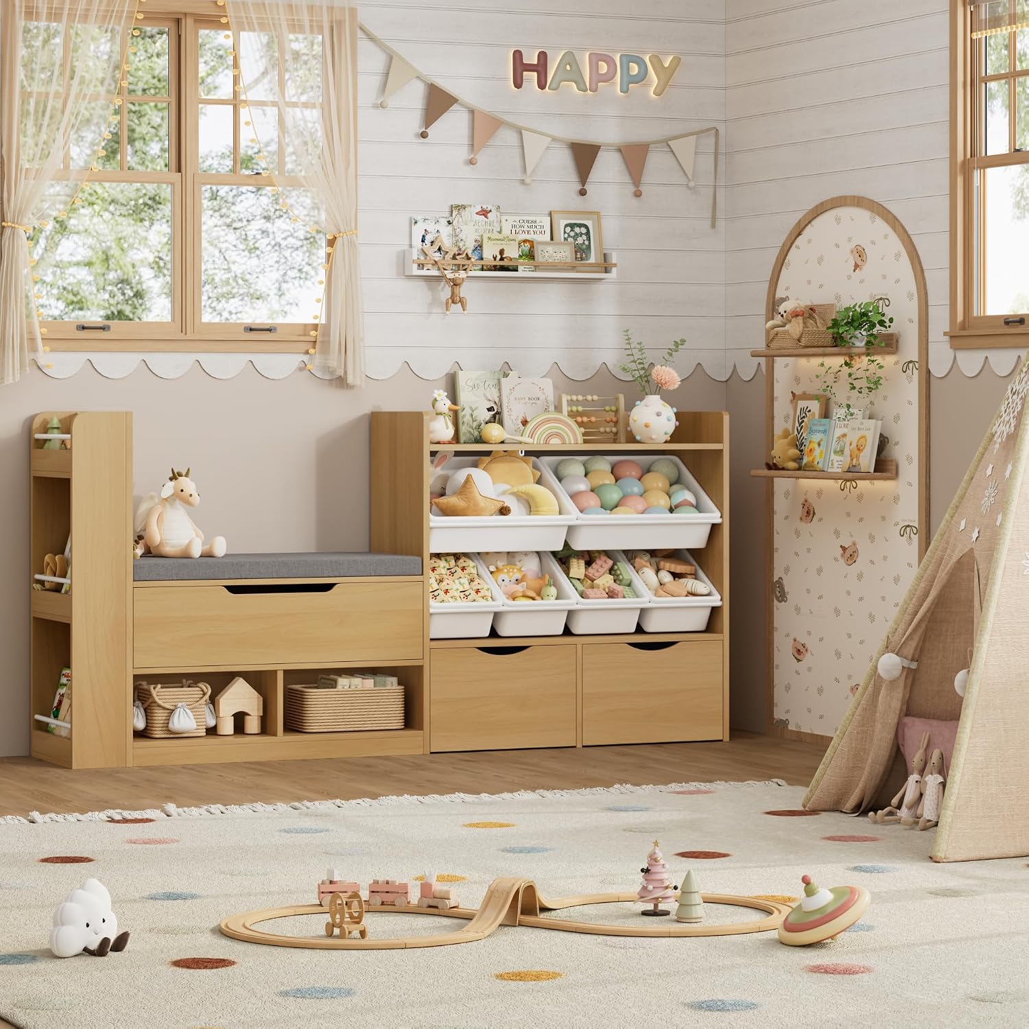 Oak Kids Bookshelf with Reading Nook