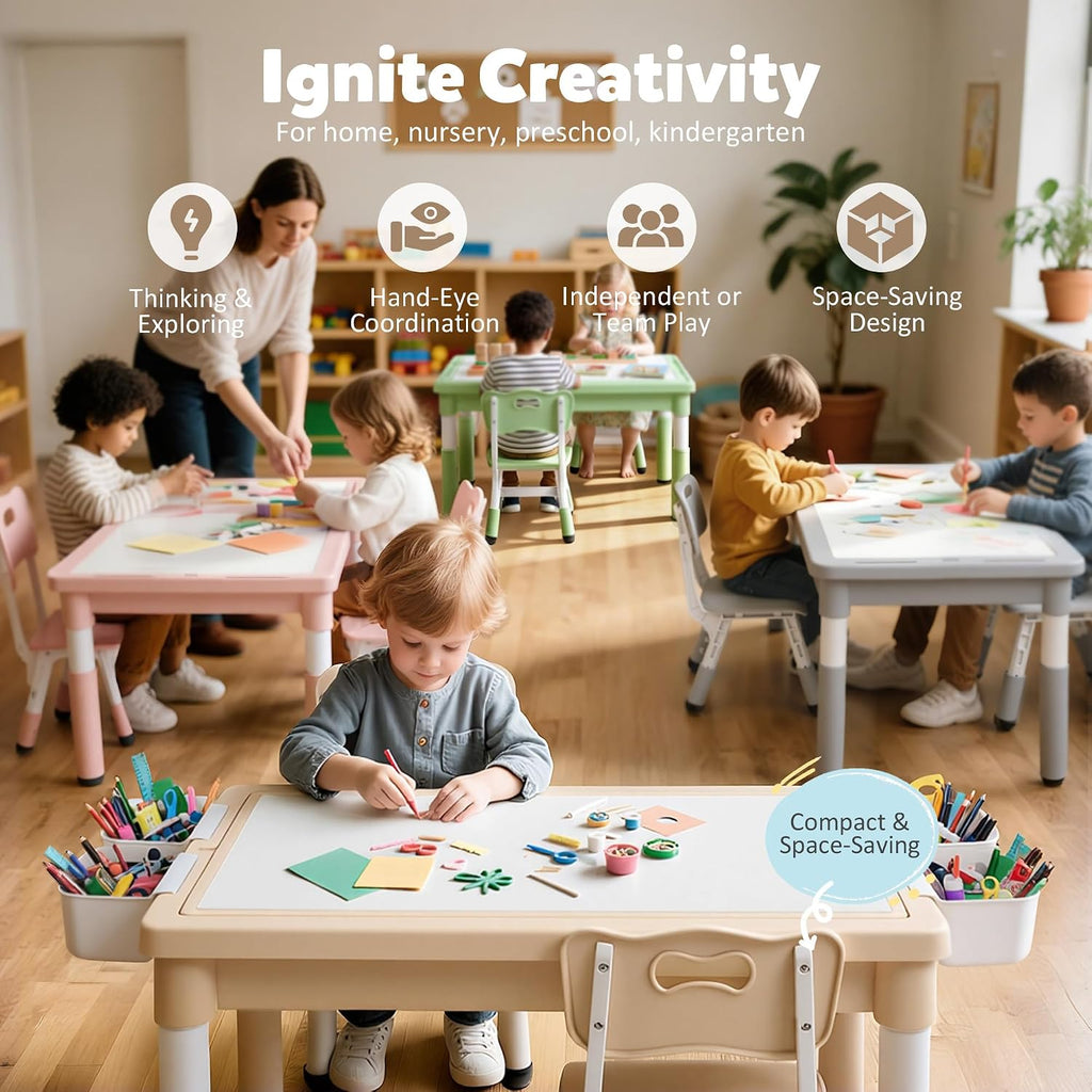 Adjustable Kids Table Chair Set with Storage