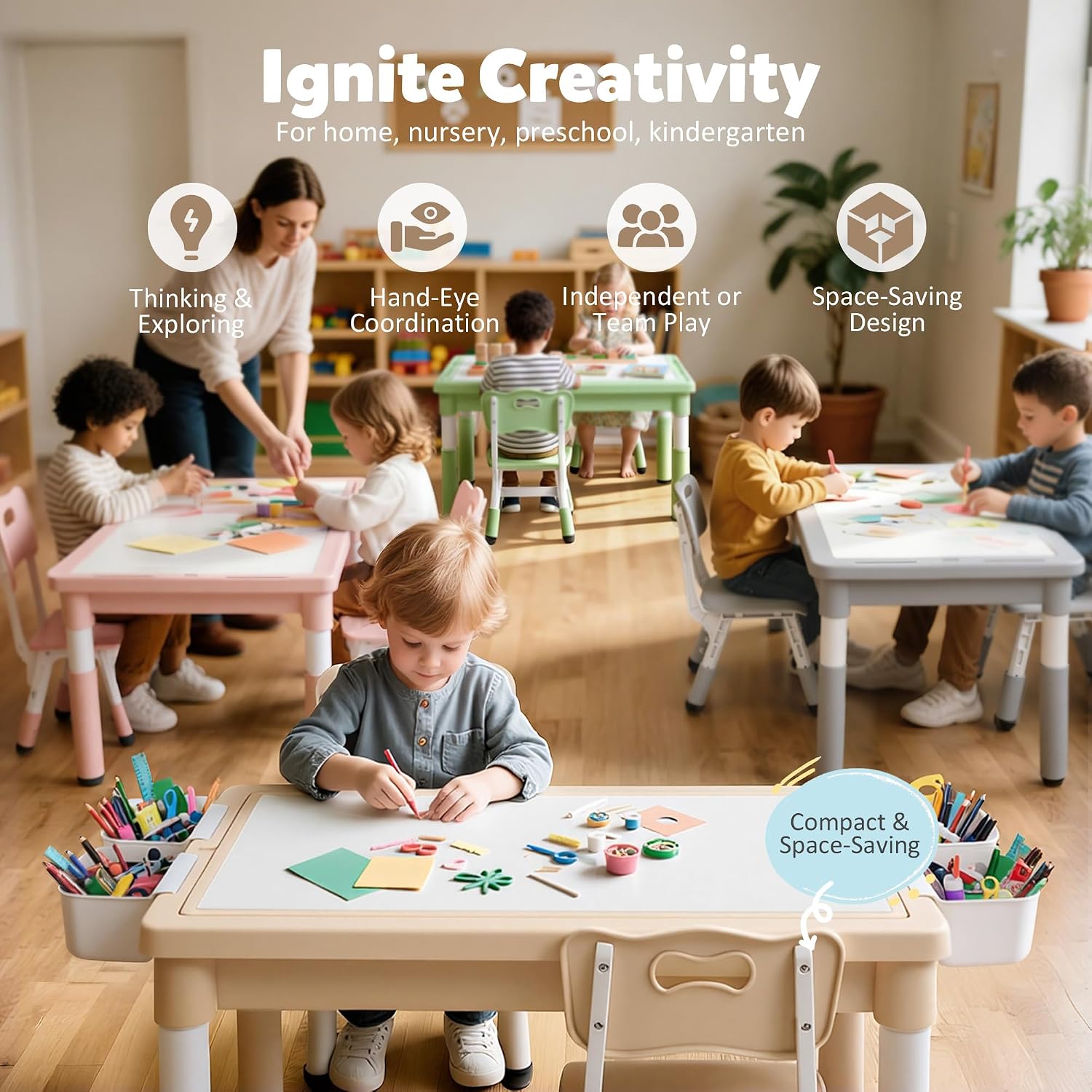 Adjustable Kids Table Chair Set with Storage