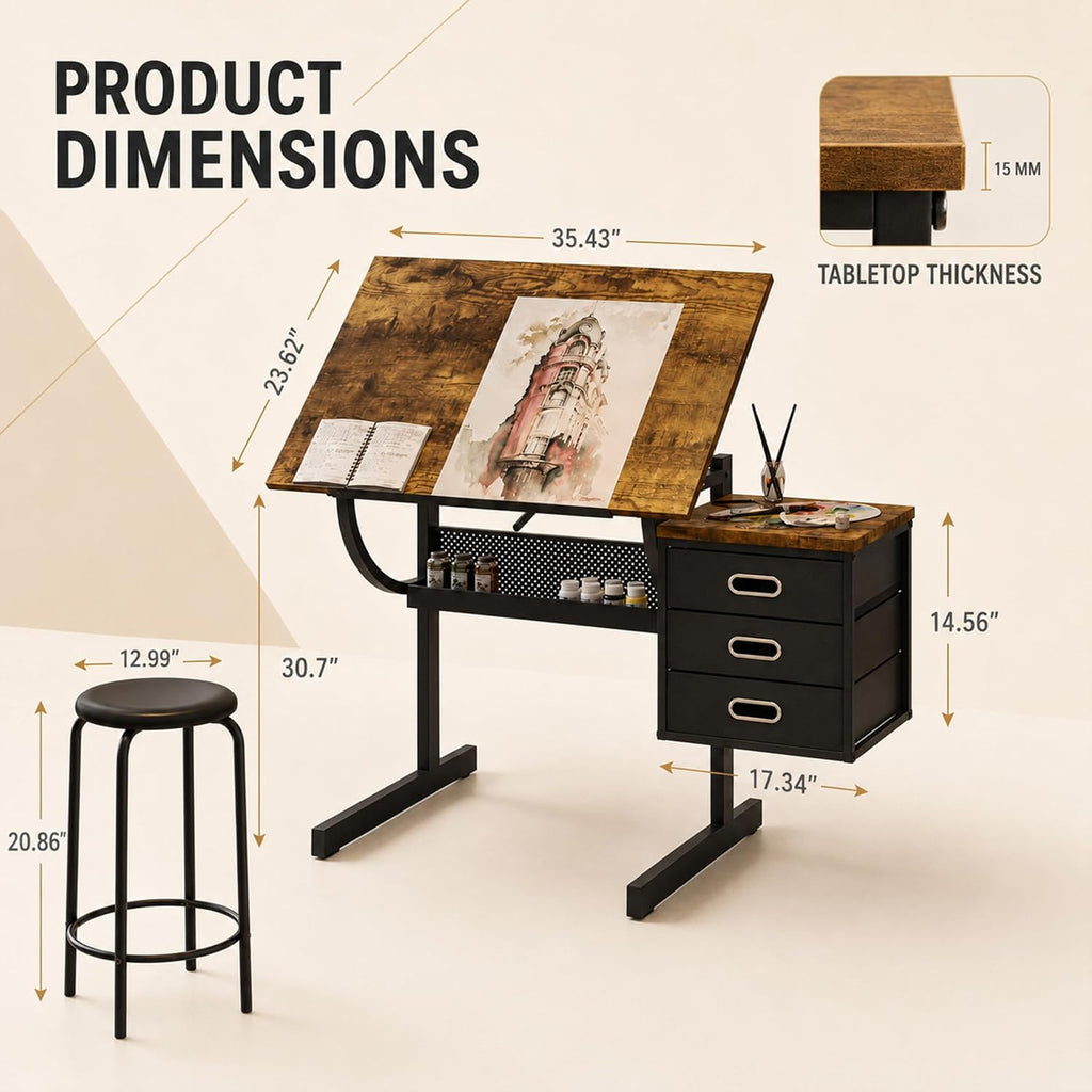 Black Adjustable Drawing Table with Stool