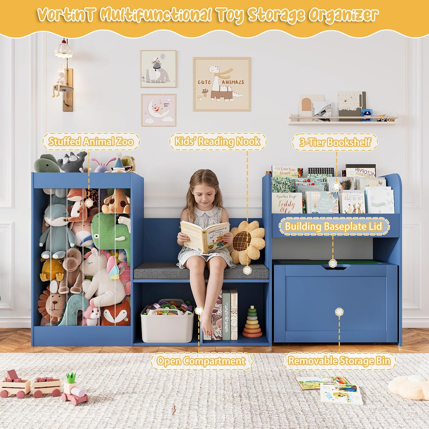 Wooden Kids Bookshelf Toy Storage Organizer