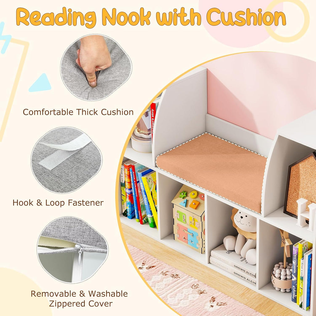 White Kids Reading Nook Storage Bookcase Bench