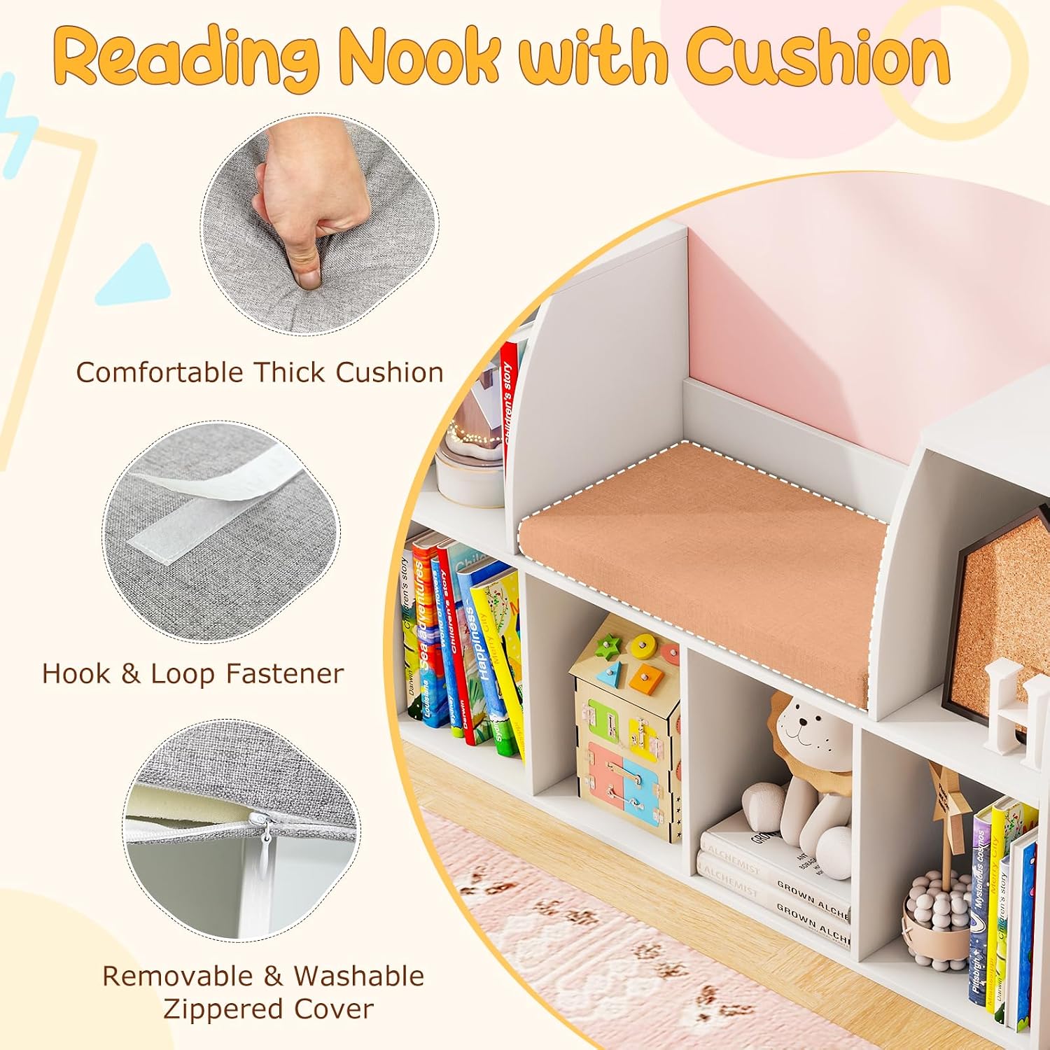 White Kids Reading Nook Storage Bookcase Bench