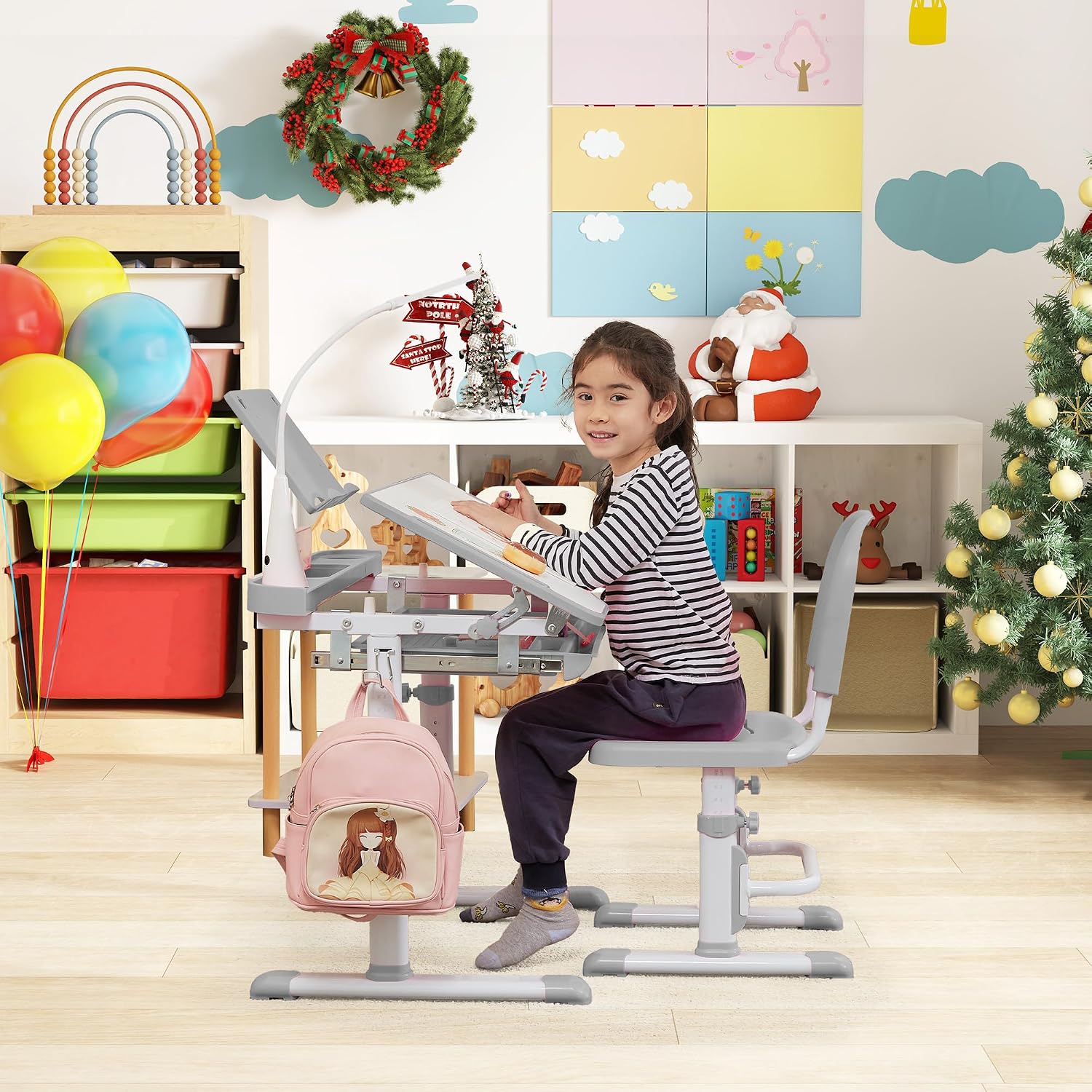 Grey Multifunctional Kids Desk Chair Set