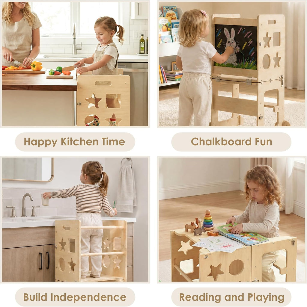 4‑in‑1 Foldable Wooden Toddler Tower