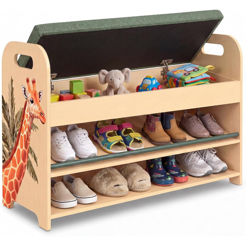 Pine Wood Kids Shoe Rack Bench Organizer