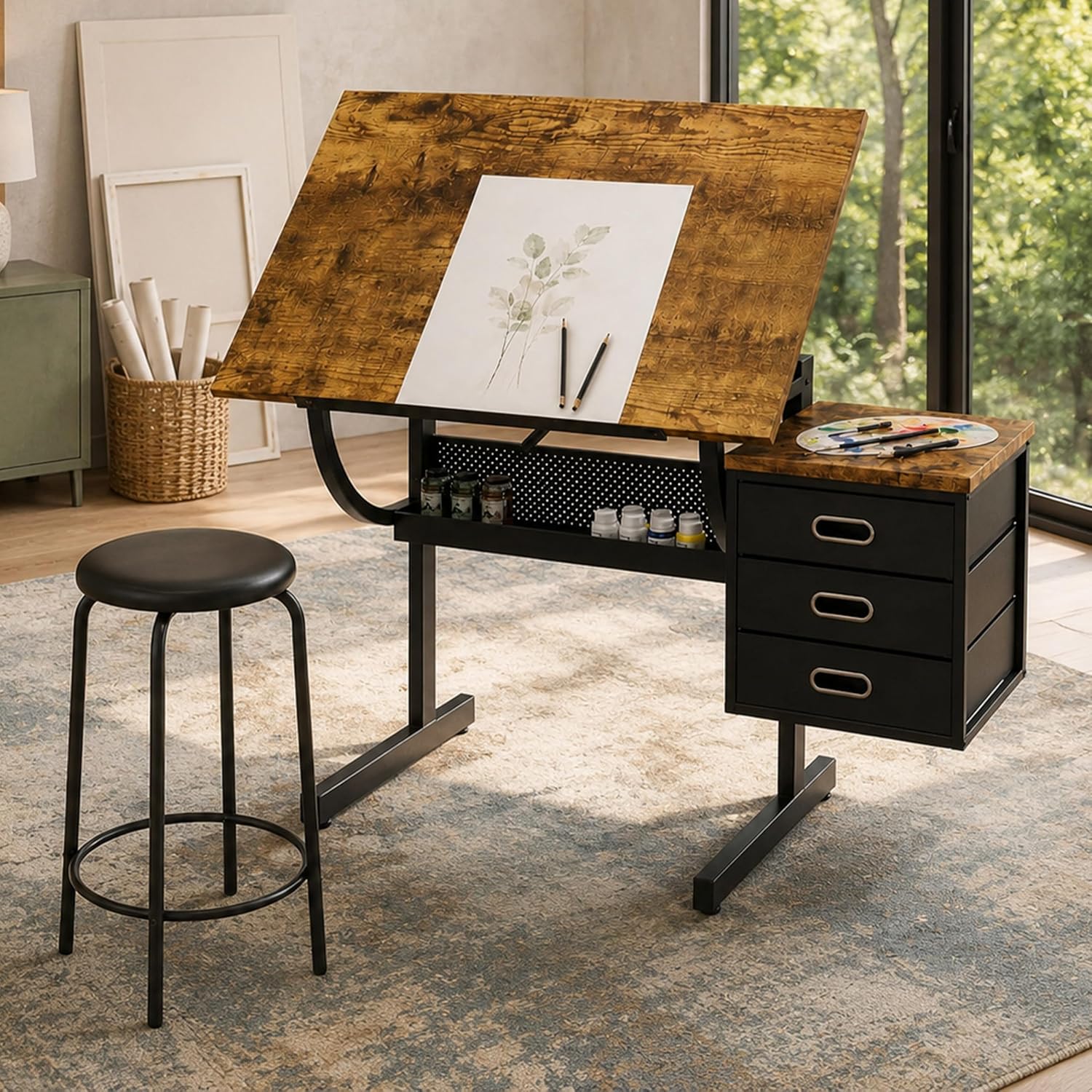Black Adjustable Drawing Table with Stool