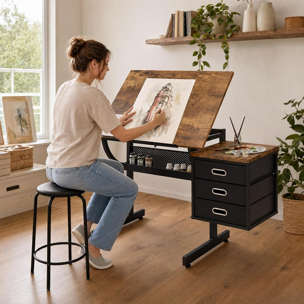 Black Adjustable Drawing Table with Stool