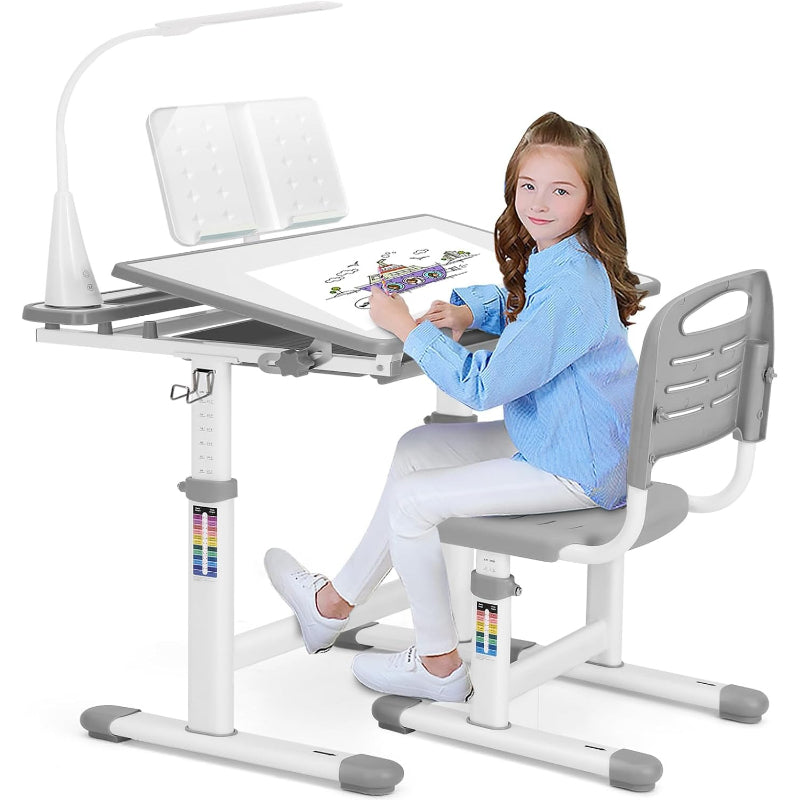 Adjustable Kids Desk Chair Set with LED & Drawer