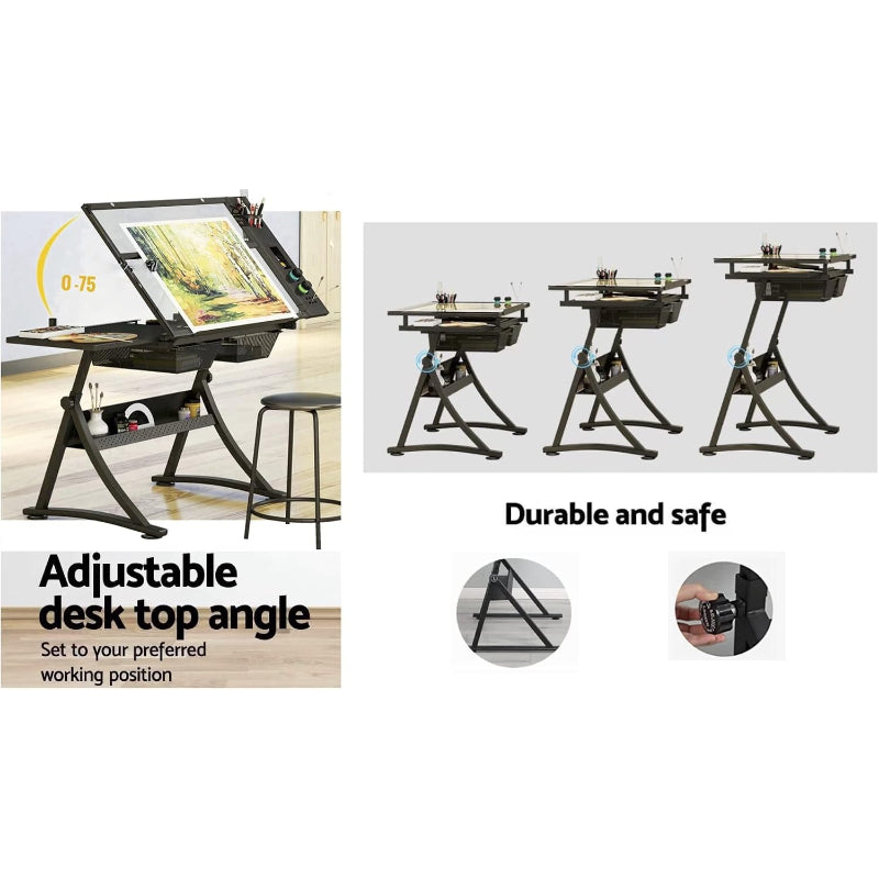 Black Glass‑Top Adjustable Art Drafting Table